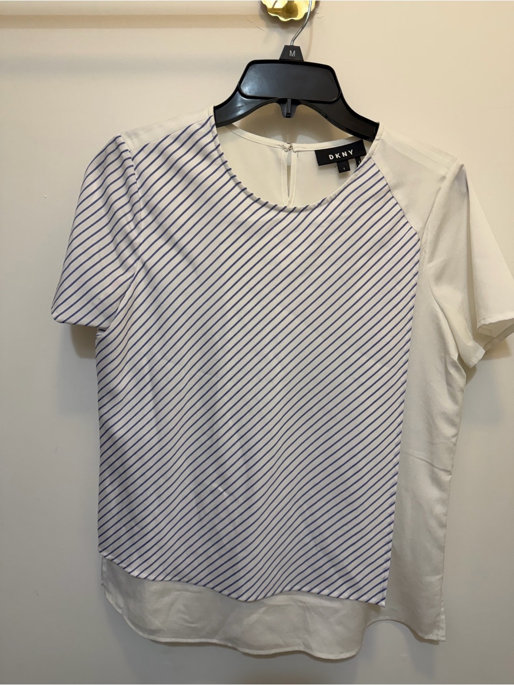 DKNY White Top with Blue Diagonal Stripes